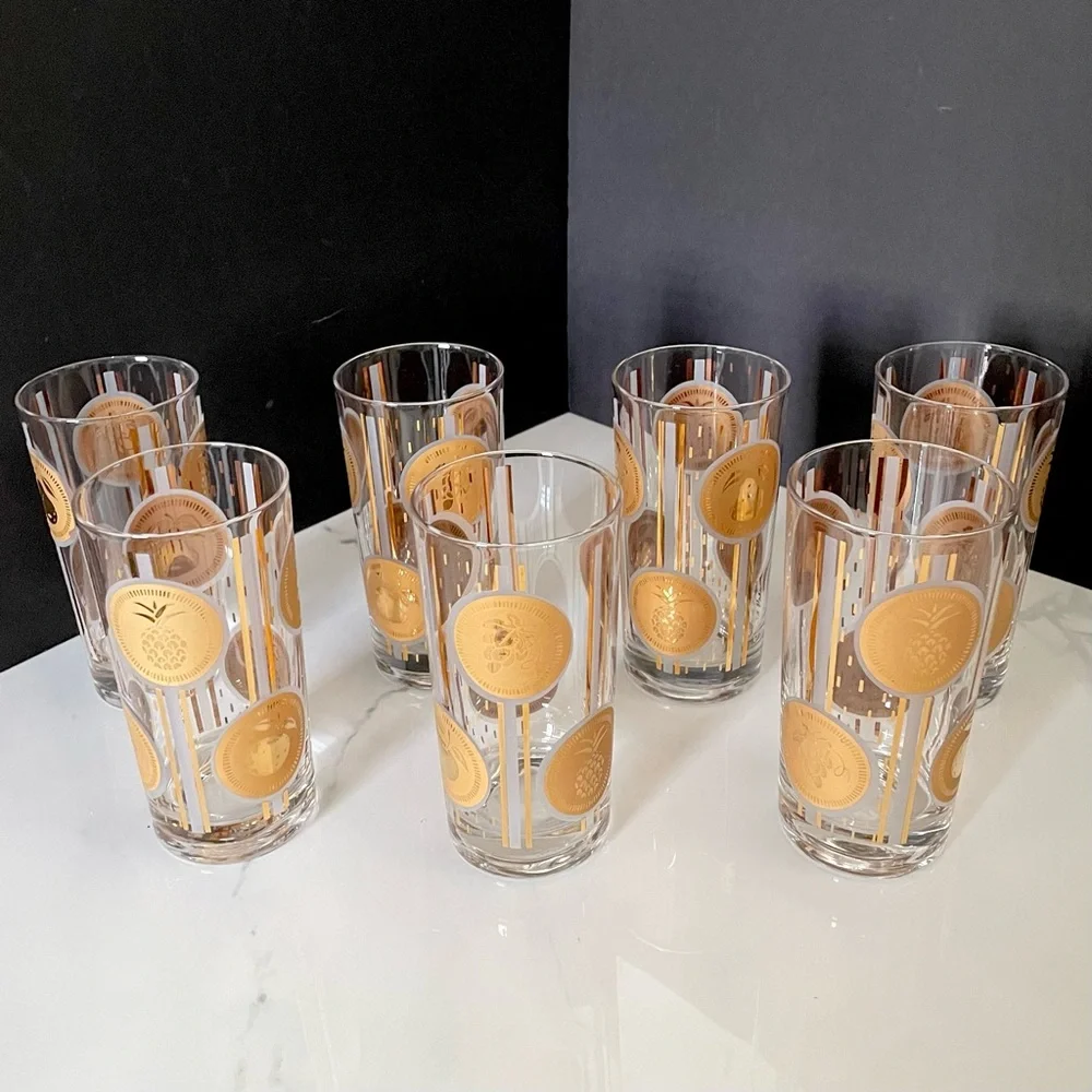 SET of 7 Gold Coin Fruit Highball Glasses by Fred Press